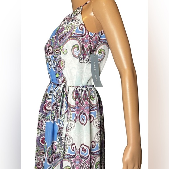 London Times Halter Printed Floral Boho maxi Key Hold dress with tie belt Size 4 - Picture 10 of 14